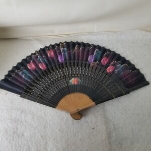 Vintage Black Folding Hand Fan with Floral Design,‎ Decorative Japanese Style